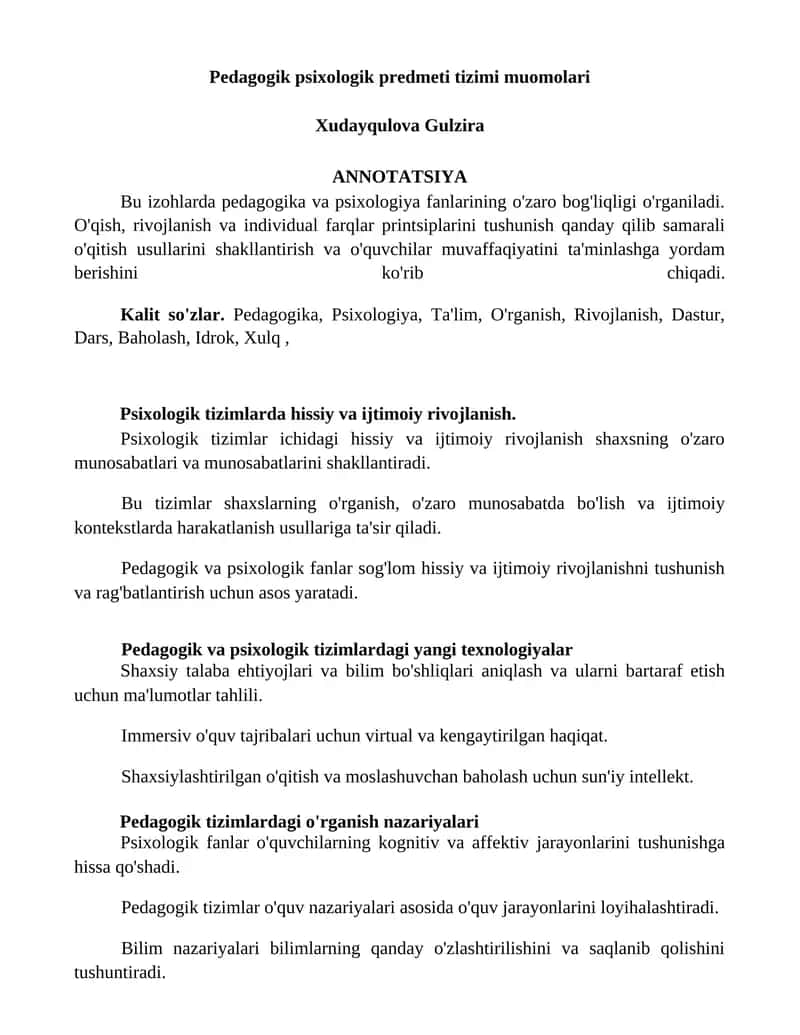 Pedagogik psixologik predmeti tizimi muomolari 1