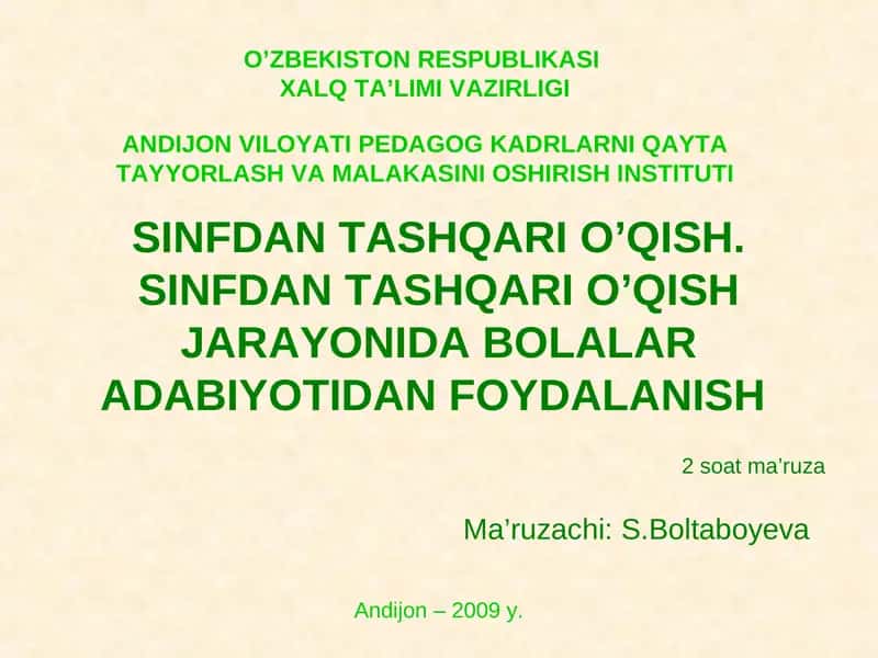 SINFDAN TASHQARI O’QISH JARAYONIDA BOLALAR ADABIYOTIDAN FOYDALANISH 1