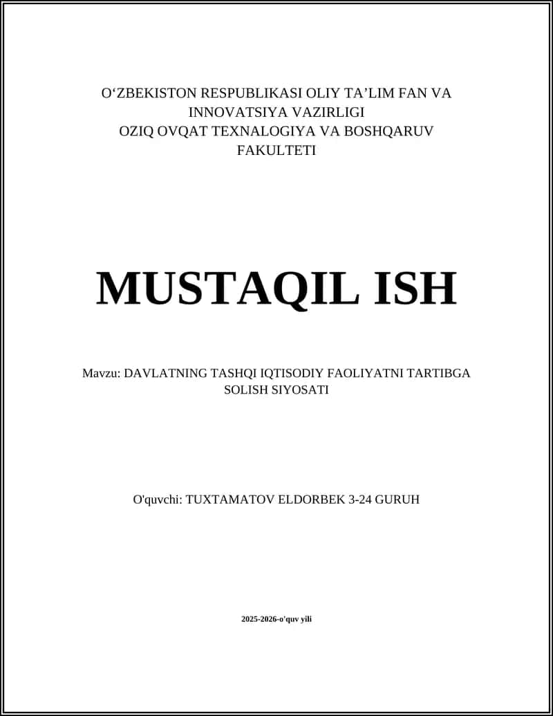 DAVLATNING TASHQI IQTISODIY FAOLIYATNI TARTIBGA SOLISH SIYOSATI 1
