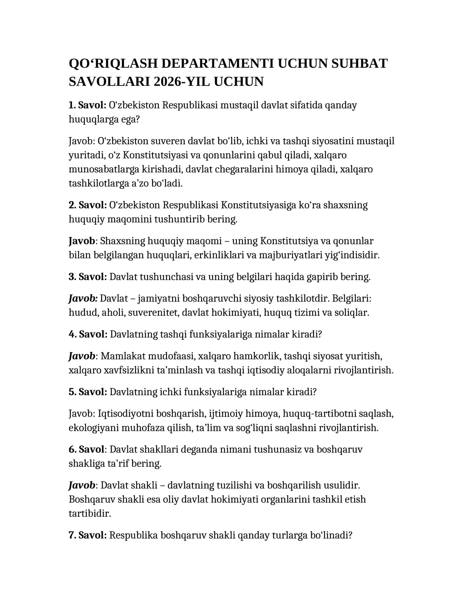 QO‘RIQLASH DEPARTAMENTI UCHUN SUHBAT SAVOLLARI 2026-YIL UCHUN 1
