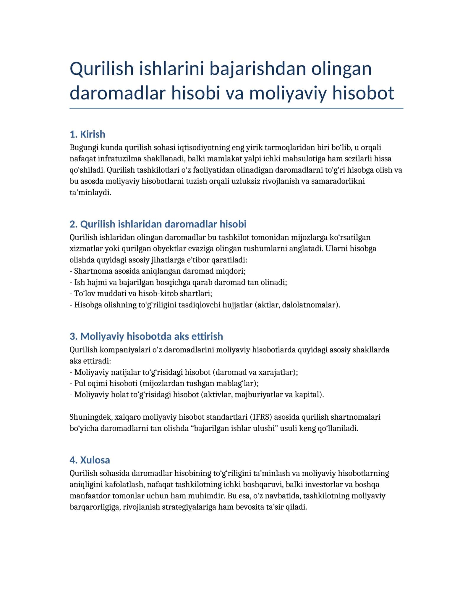 Qurilish ishlarini bajarishdan olingan daromadlar hisobi va moliyaviy hisobot 1