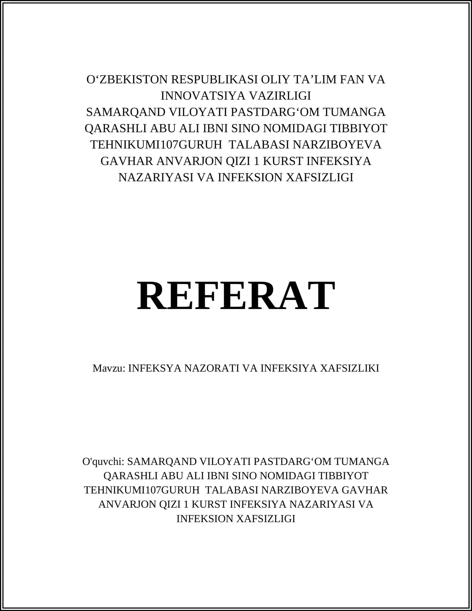 INFEKSYA NAZORATI VA INFEKSIYA XAFSIZLIKI 1