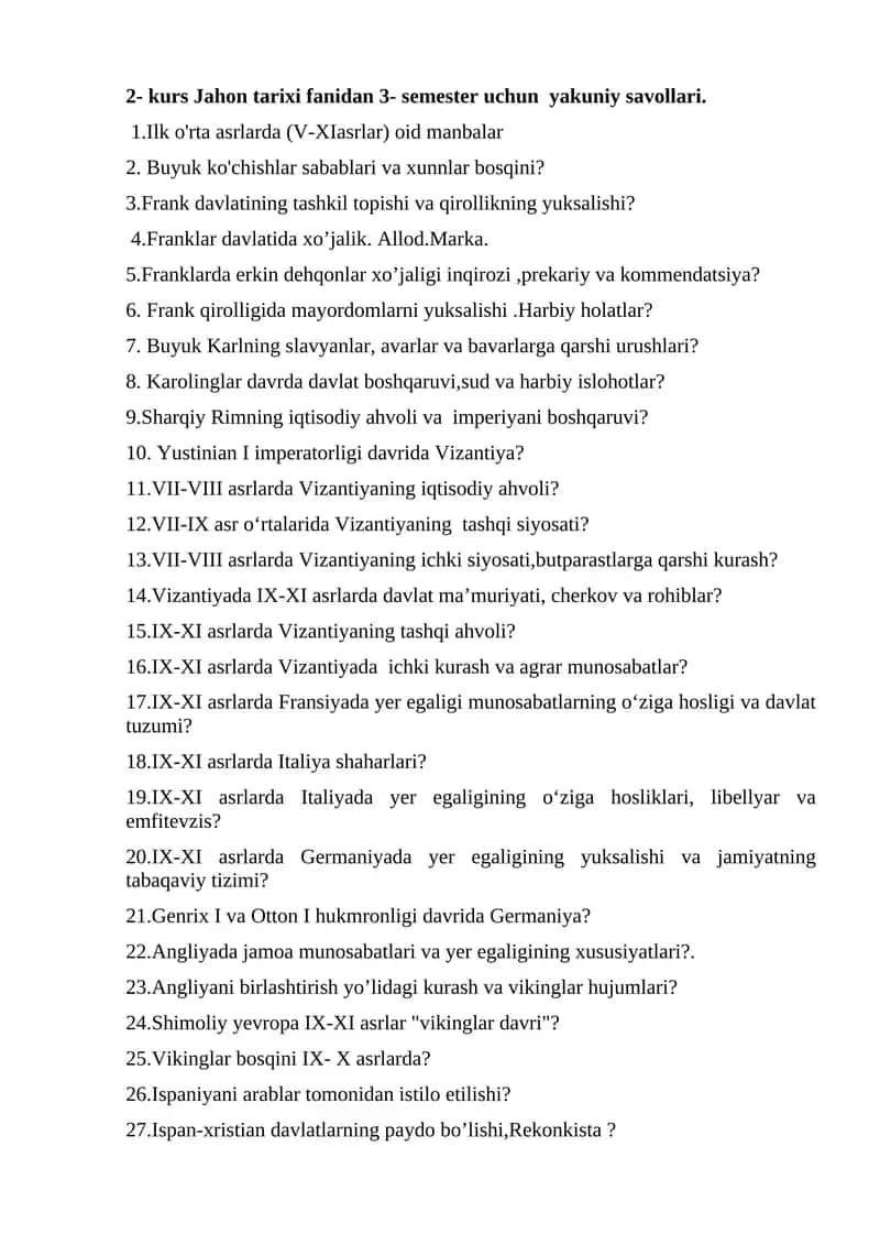 Jahon tarixi fanidan 3- semester uchun yakuniy savollari 1
