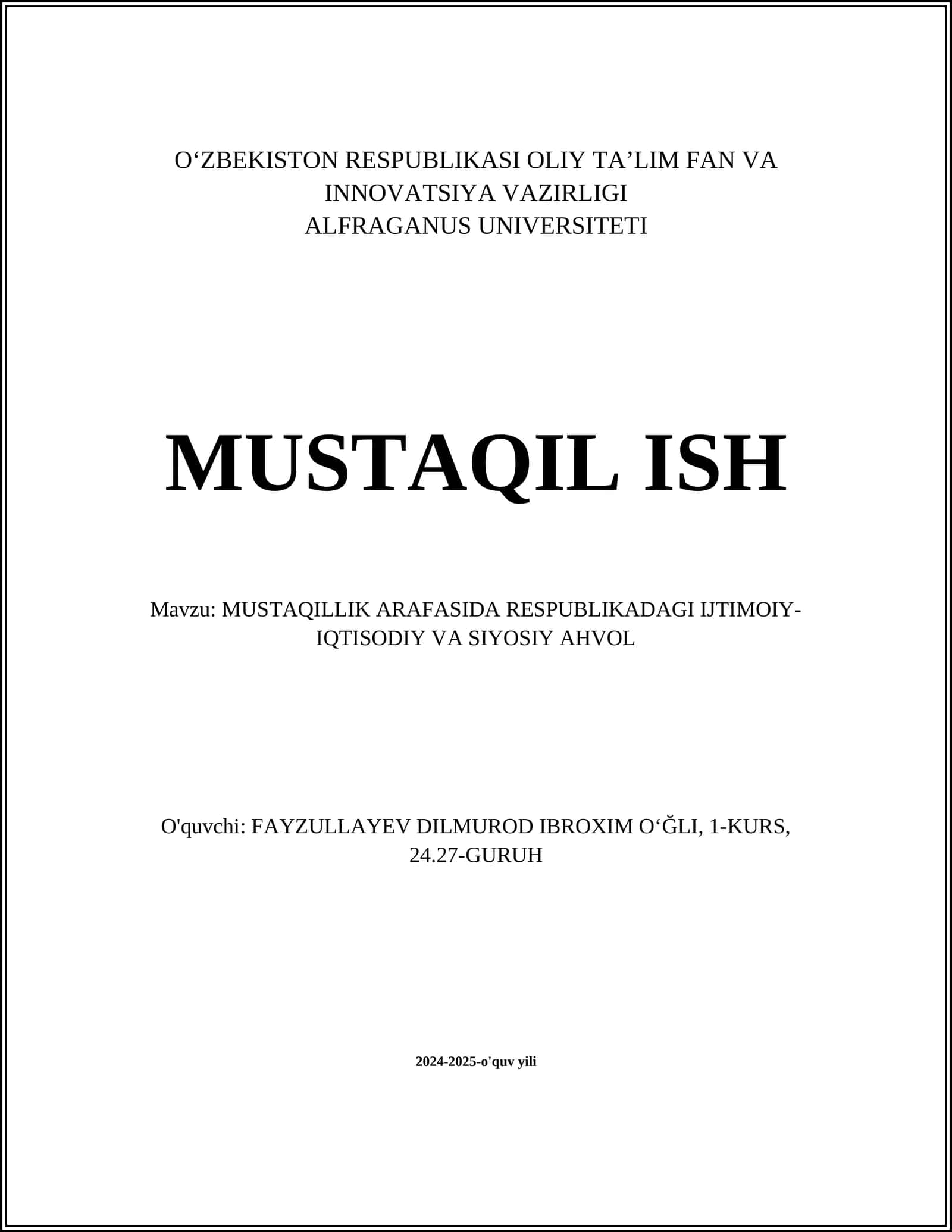 MUSTAQILLIK ARAFASIDA RESPUBLIKADAGI IJTIMOIY-IQTISODIY VA SIYOSIY AHVOL 1