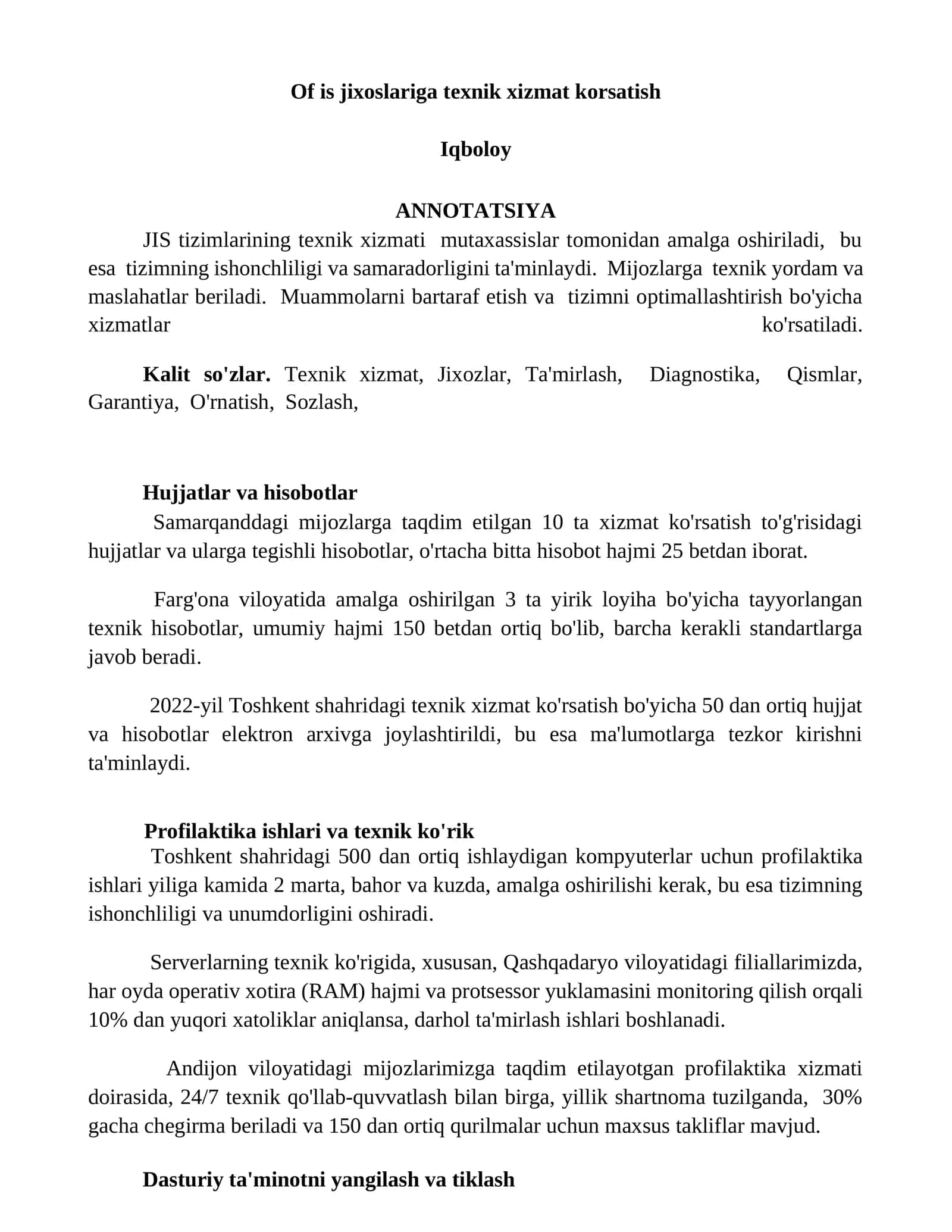 Of is jixoslariga texnik xizmat korsatish 1