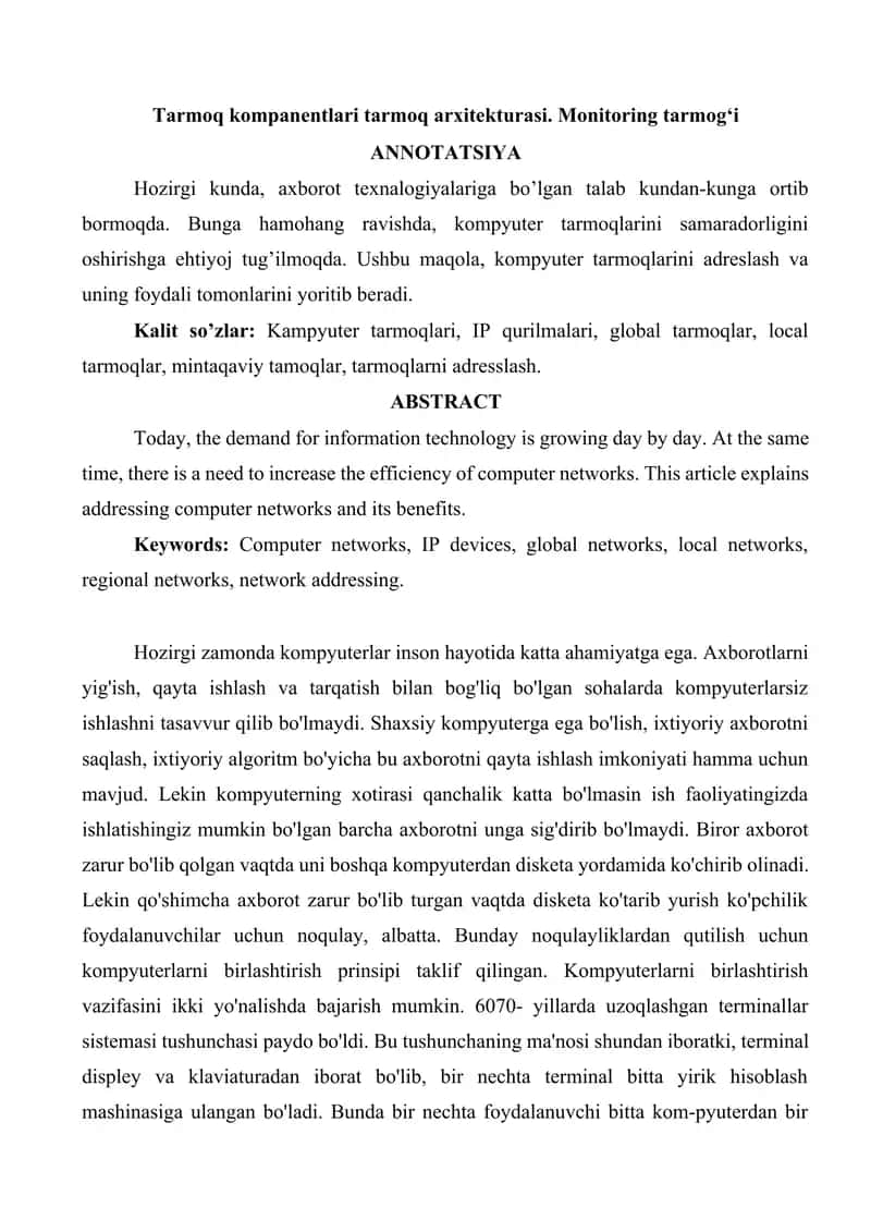 Tarmoq kompanentlari tarmoq arxitekturasi. Monitoring tarmog'i 1
