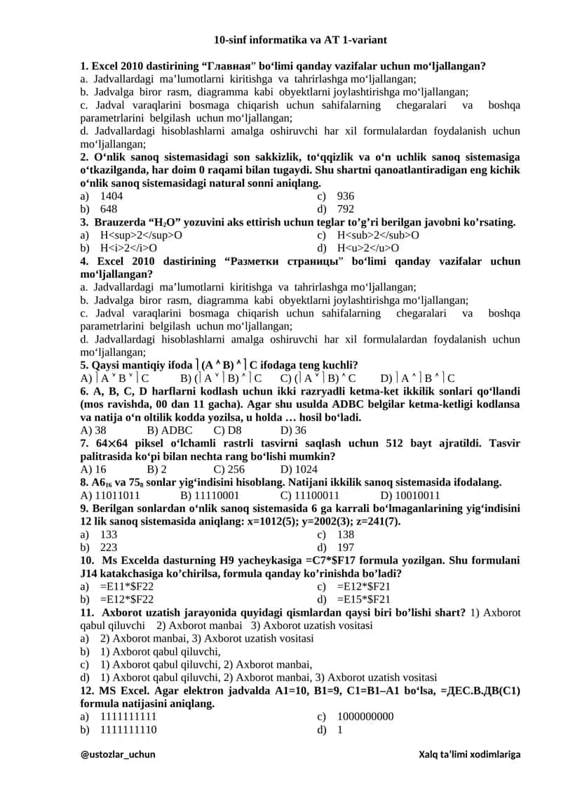 10-sinf informatika va AT 1-variant 1
