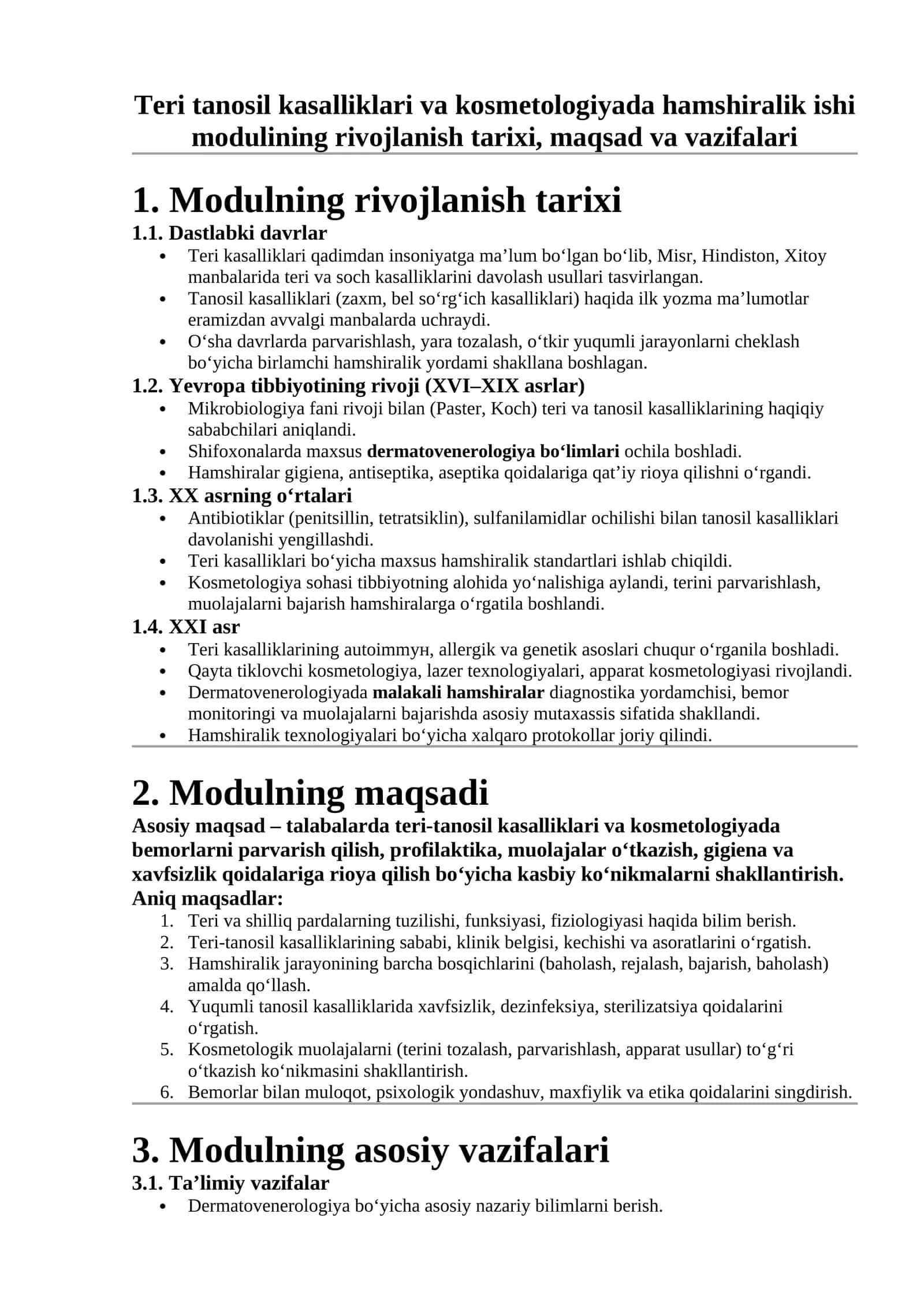 Teri tanosil kasalliklari va kosmetologiyada hamshiralik ishi modulining rivojlanish tarixi, maqsad va vazifalari 1