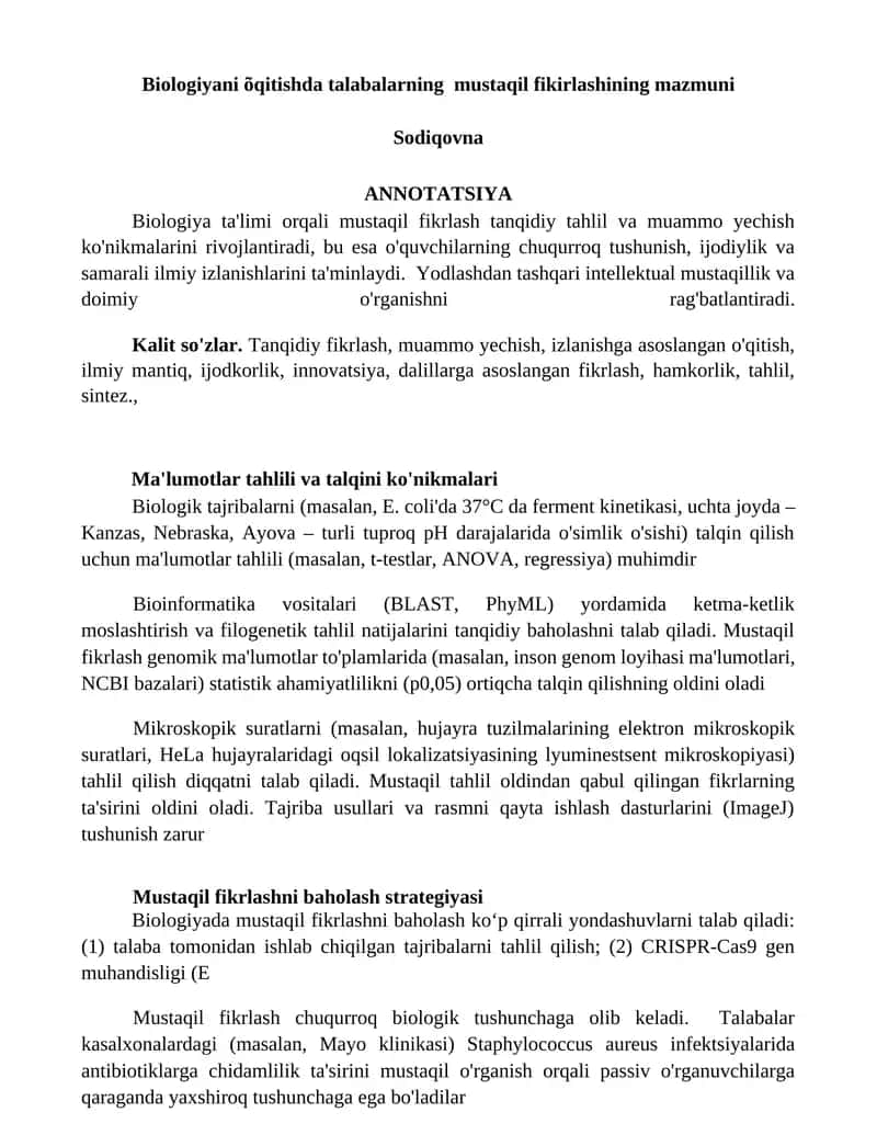 Biologiyani õqitishda talabalarning mustaqil fikirlashining mazmuni 1