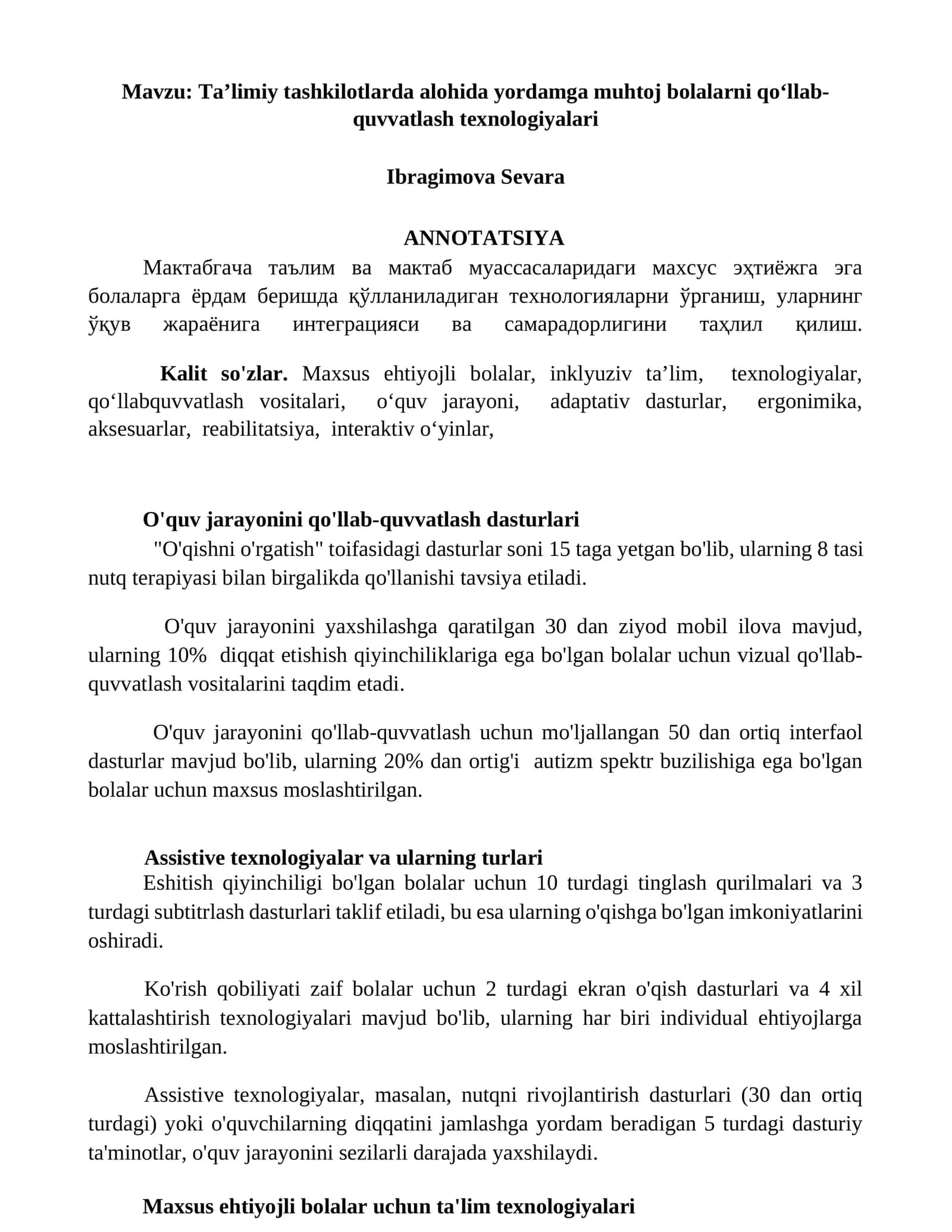 Taʼlimiy tashkilotlarda alohida yordamga muhtoj bolalarni qoʻllab-quvvatlash texnologiyalari 1