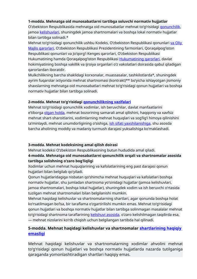 1-modda. Mehnatga oid munosabatlarni tartibga soluvchi normativ hujjatlar 1