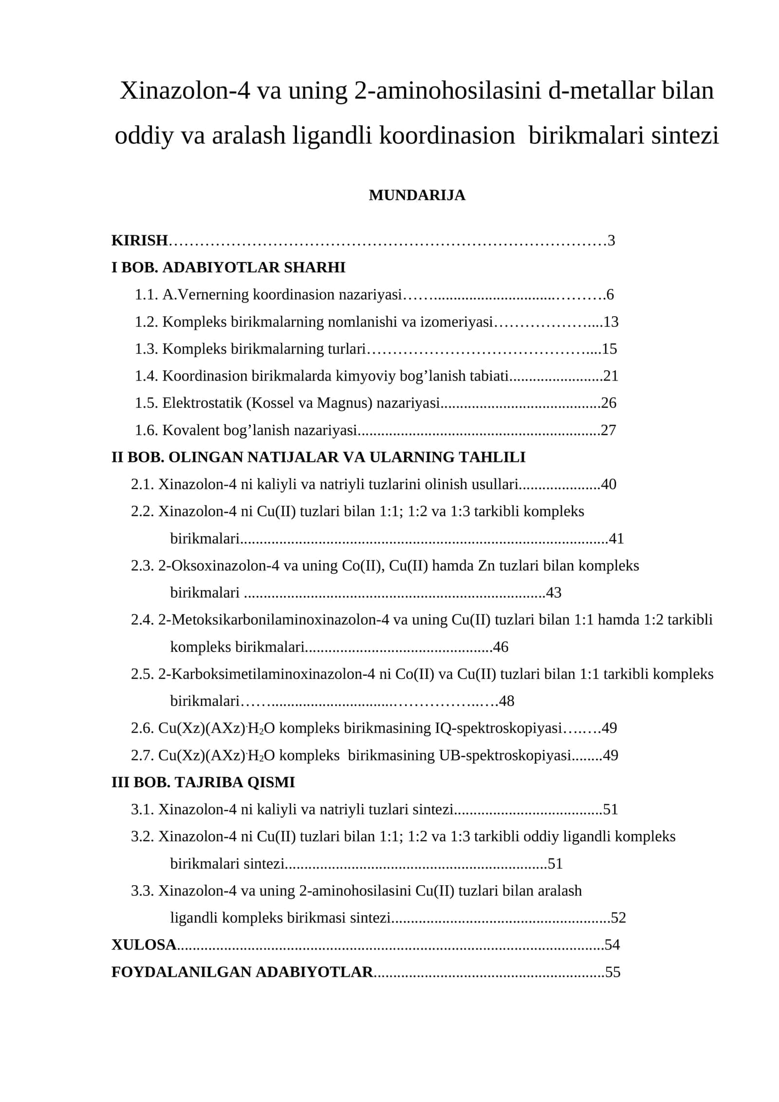 Xinazolon-4 va uning 2-aminohosilasini d-metallar bilan oddiy va aralash ligandli koordinasion birikmalari sintezi 1