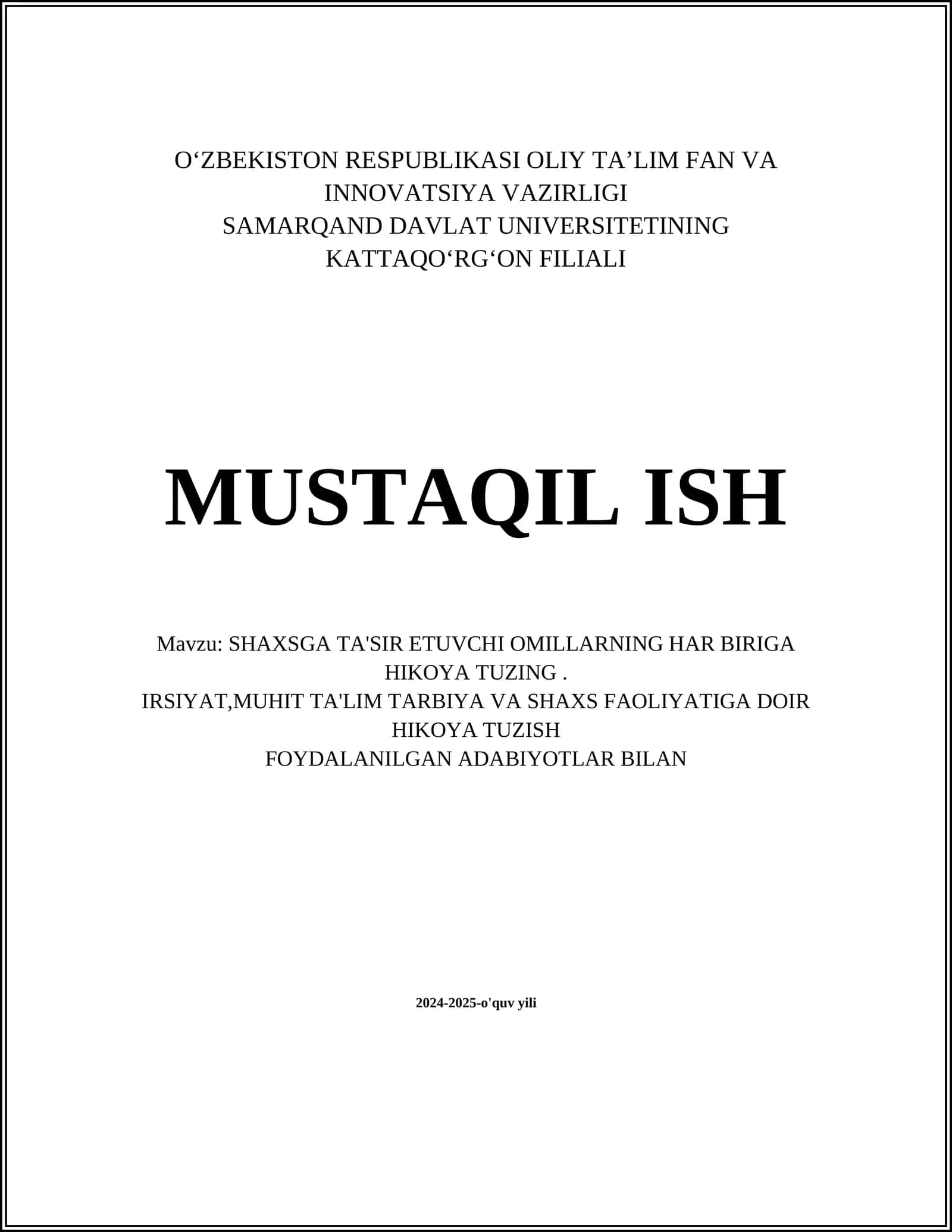 SHAXSGA TA'SIR ETUVCHI OMILLARNING HAR BIRIGA HIKOYA TUZING 1