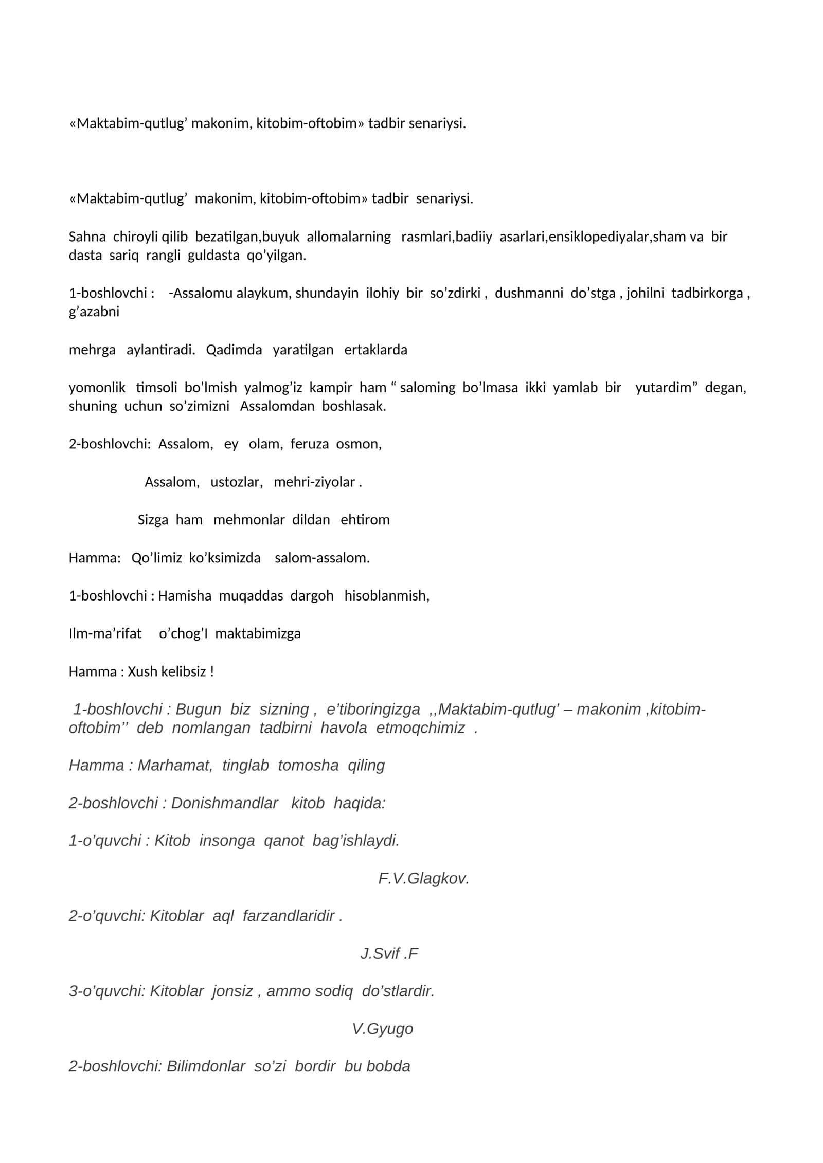 «Maktabim-qutlug’ makonim, kitobim-oftobim» tadbir senariysi 1
