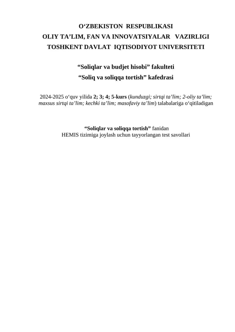 Soliq va soliqqa tortish test savollari 1
