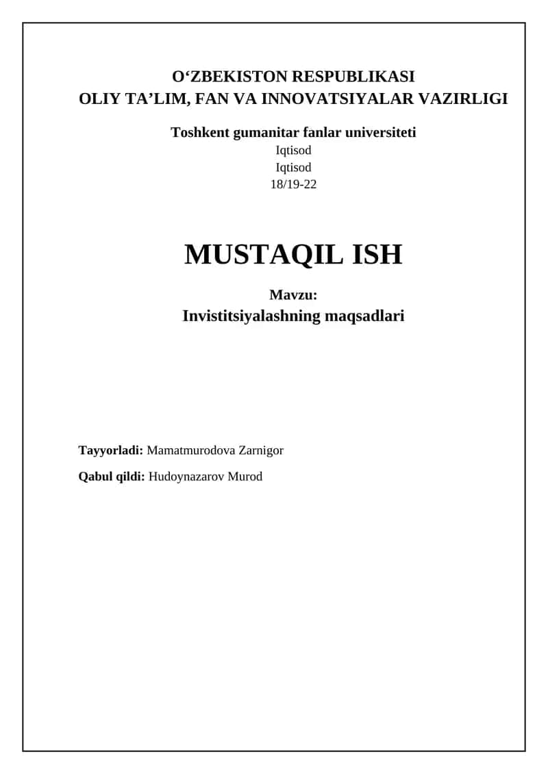 Investitsiya maqsadlarini aniqlash 1