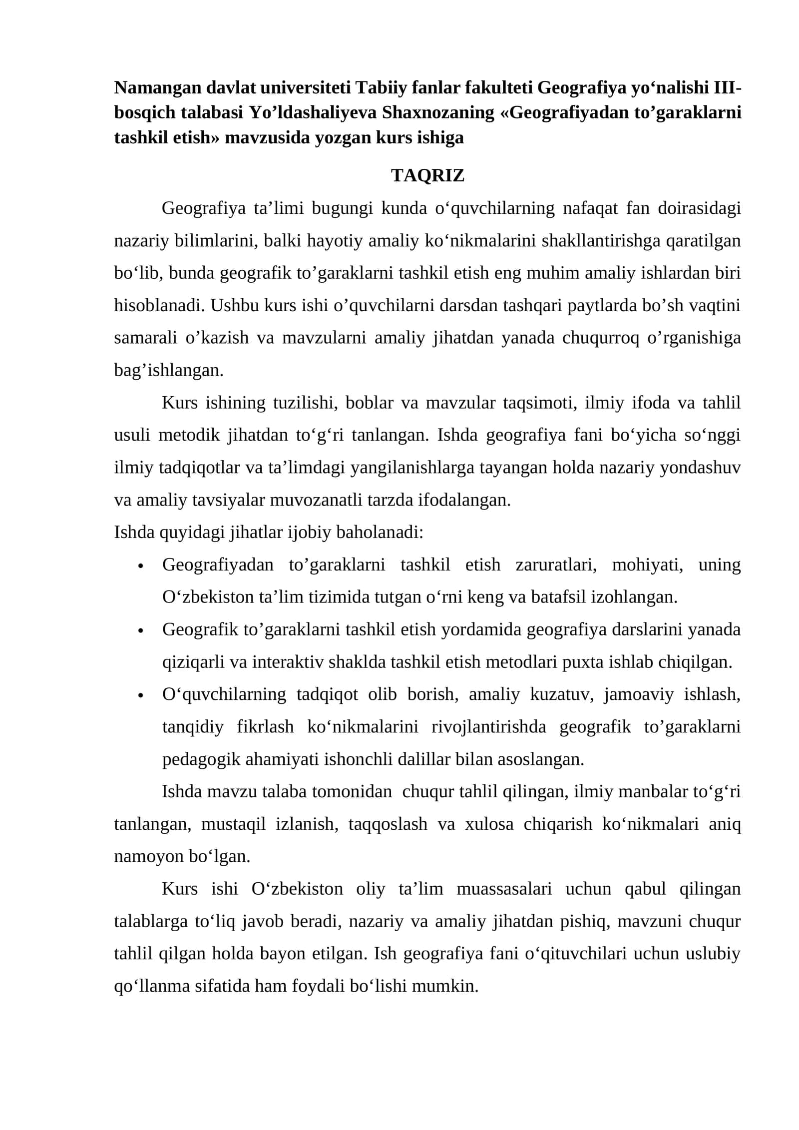 «Geografiyadan to’garaklarni tashkil etish» kurs ishi 1