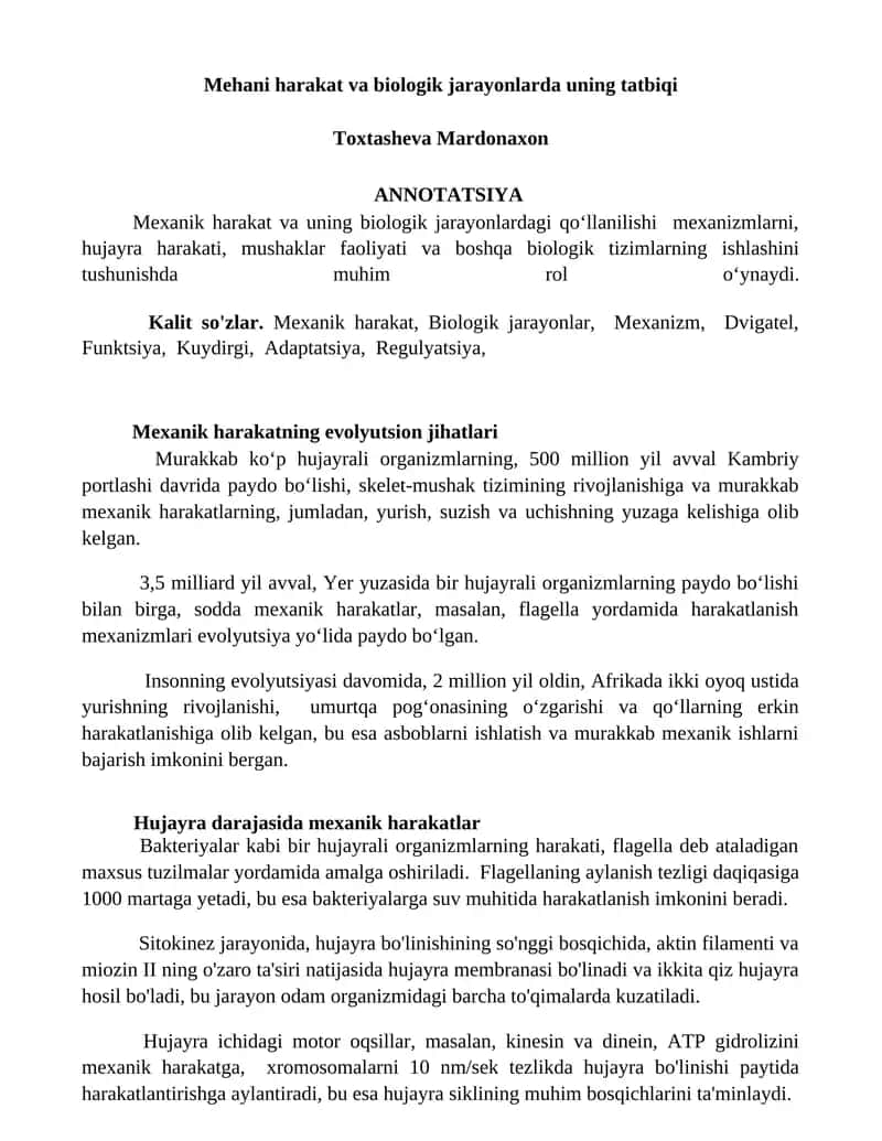 Mehani harakat va biologik jarayonlarda uning tatbiqi 1