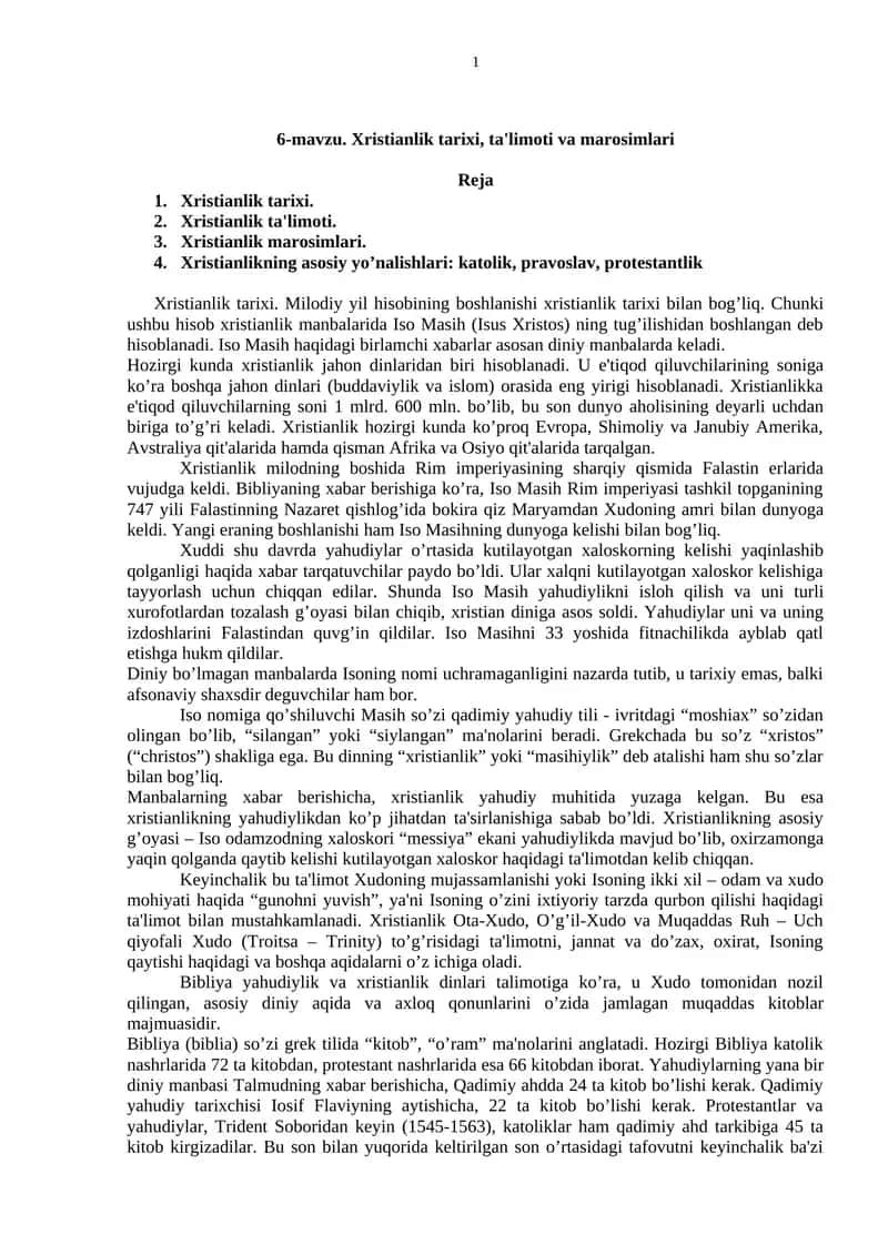 Xristianlik tarixi, ta'limoti va marosimlari 1