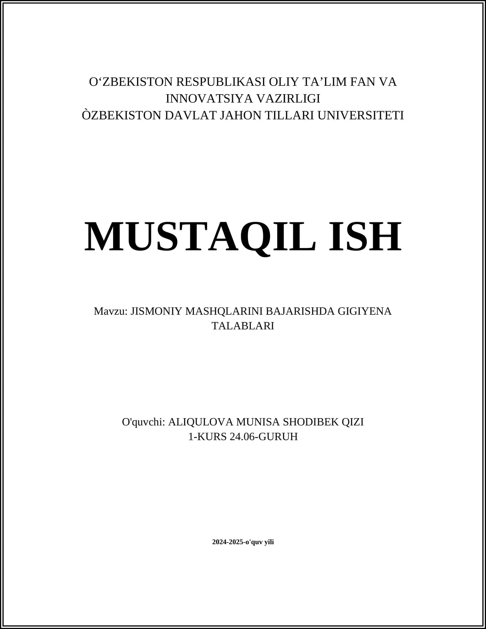 JISMONIY MASHQLARINI BAJARISHDA GIGIYENA TALABLARI 1