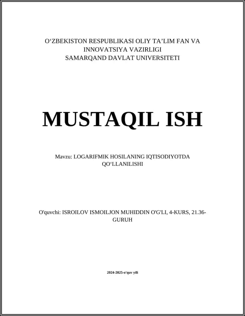 LOGARIFMIK HOSILANING IQTISODIYOTDA QO'LLANILISHI 1