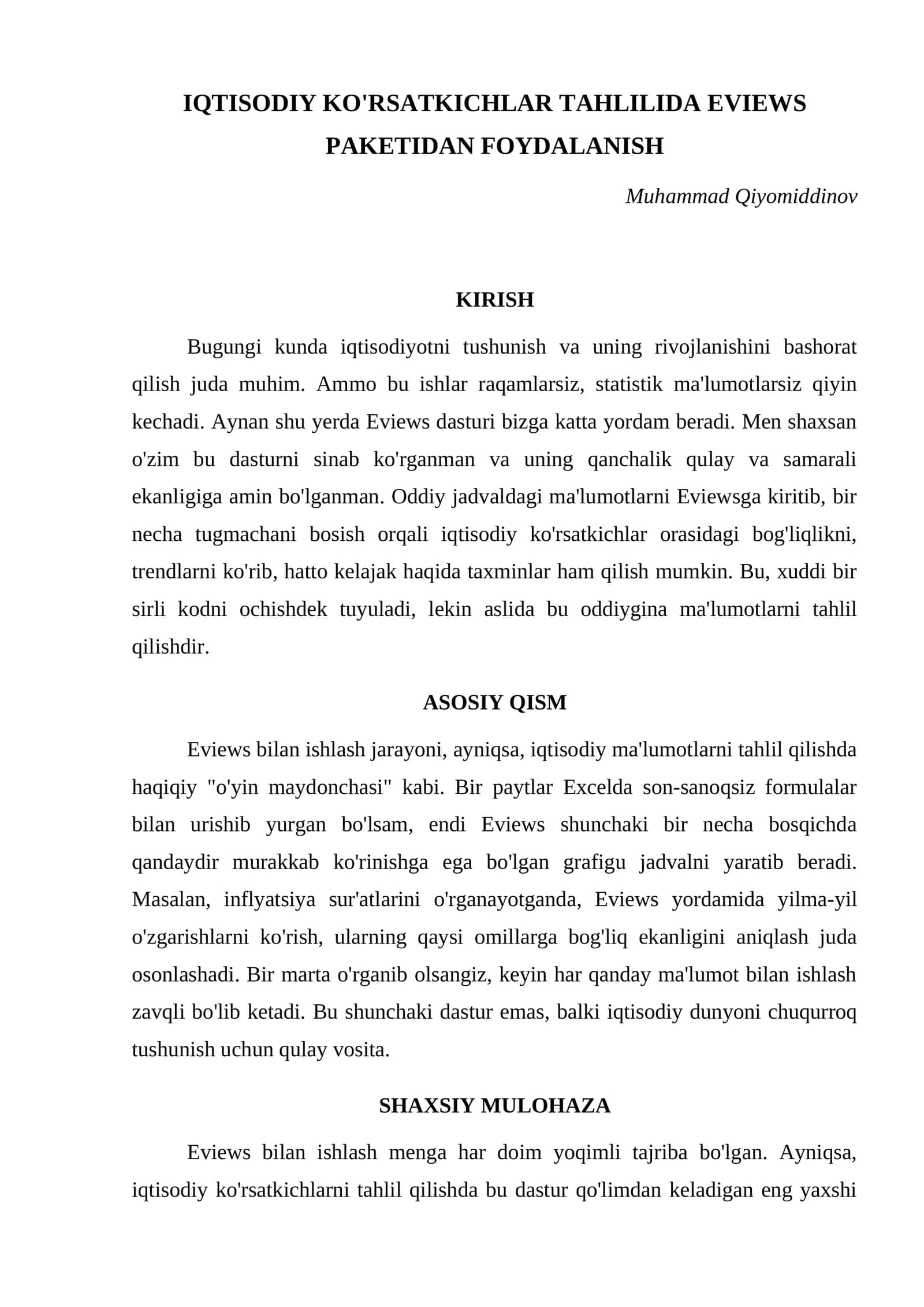 IQTISODIY KO'RSATKICHLAR TAHLILIDA EVIEWS PAKETIDAN FOYDALANISH 1