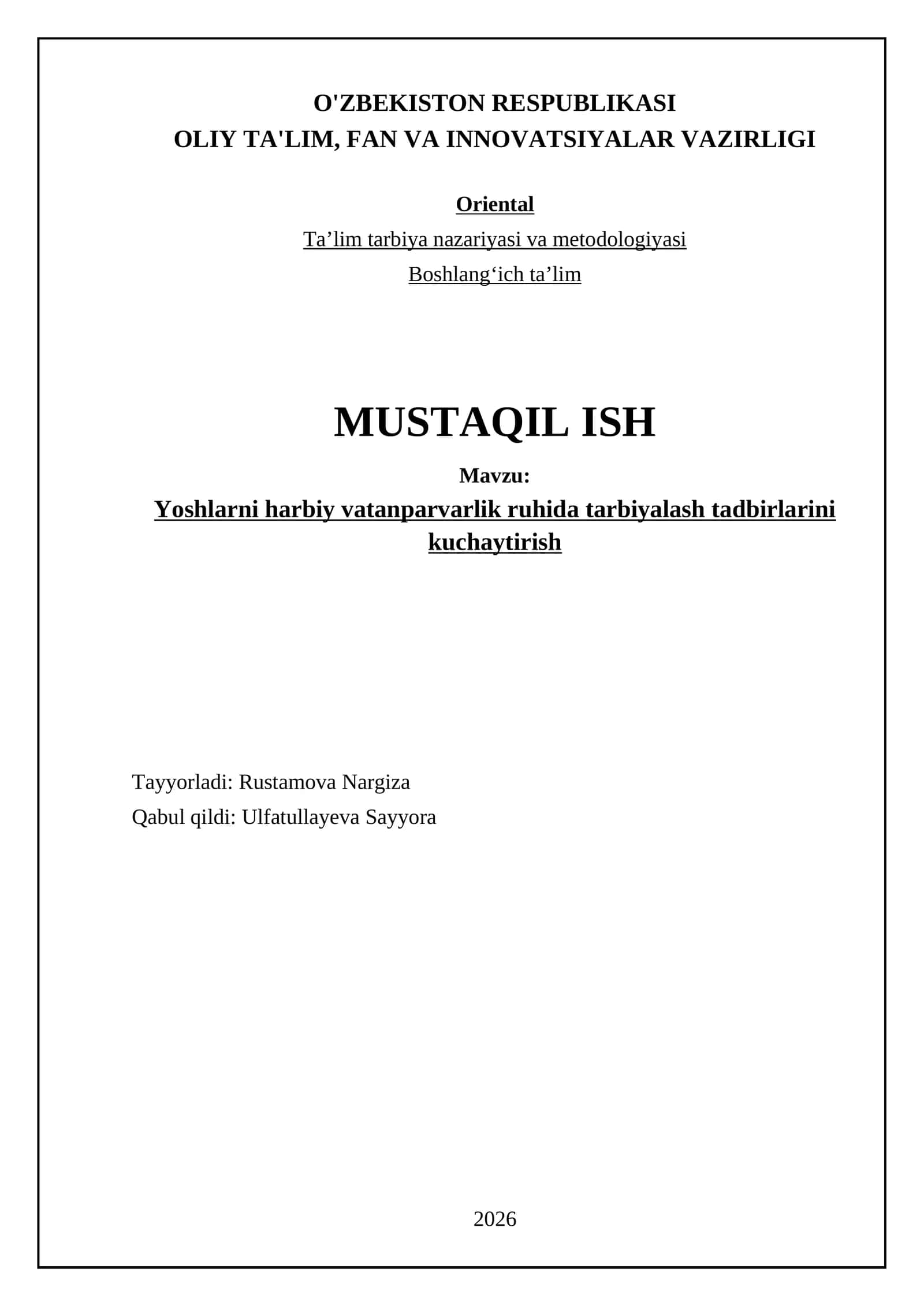 Yoshlarni harbiy vatanparvarlik ruhida tarbiyalash tadbirlarini kuchaytirish 1
