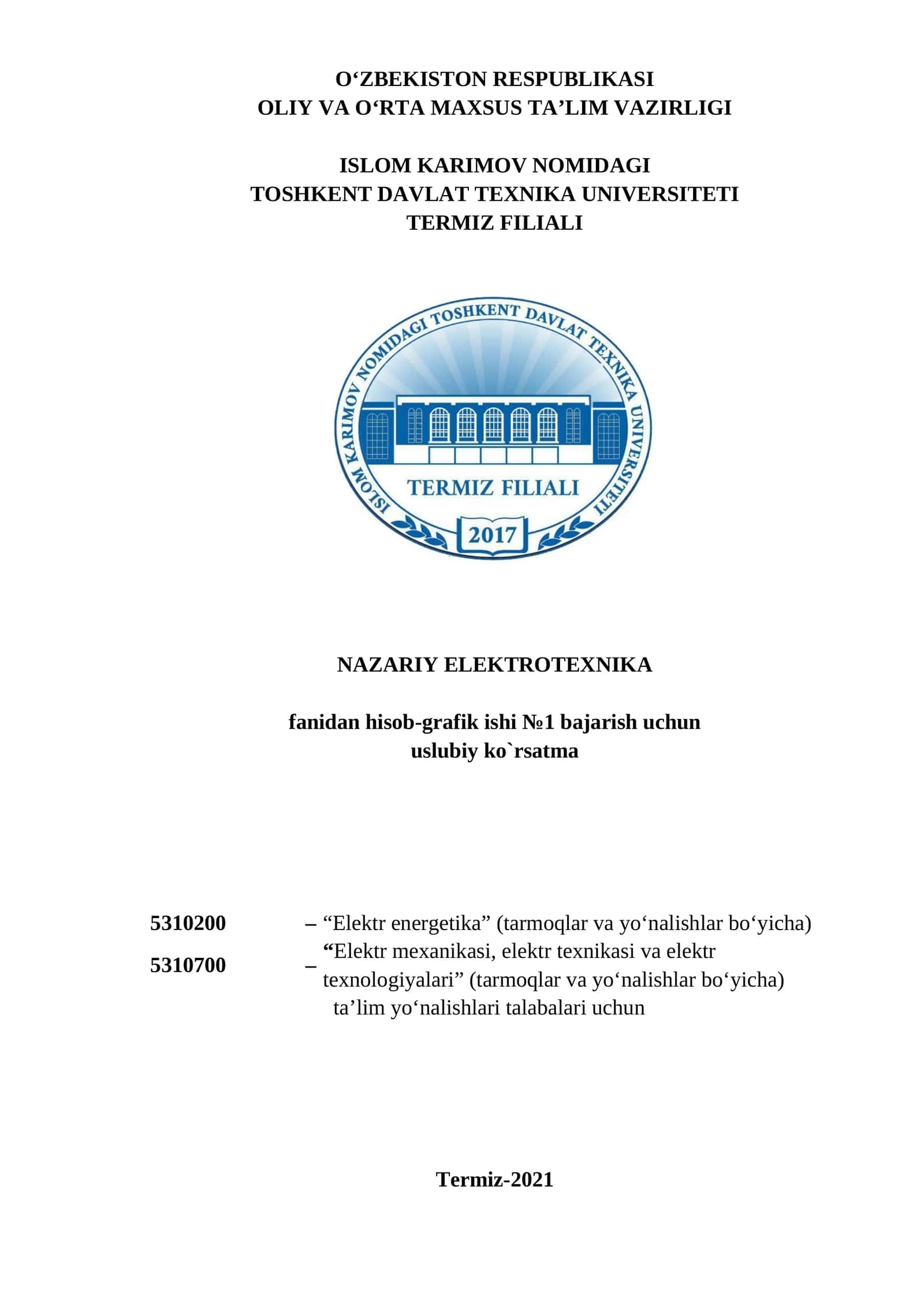 NAZARIY ELEKTROTEXNIKA fanidan hisob-grafik ishi №1 1