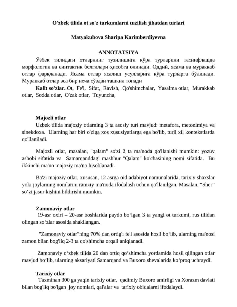 O'zbek tilida ot so'z turkumlarni tuzilish jihatdan turlari 1