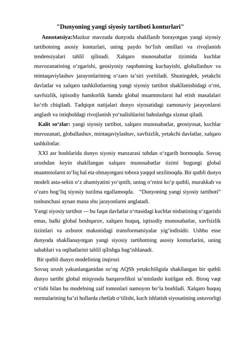 Dunyoning yangi siyosiy tartiboti konturlari 1