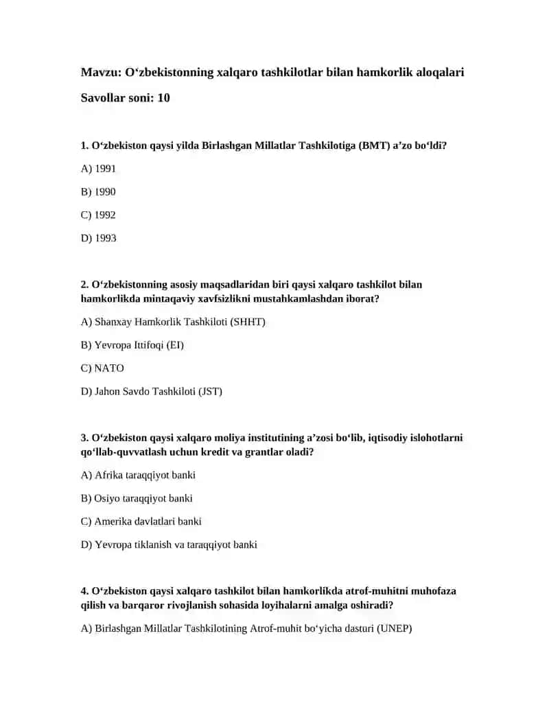 Oʻzbekistonning xalqaro tashkilotlar bilan hamkorlik aloqalari