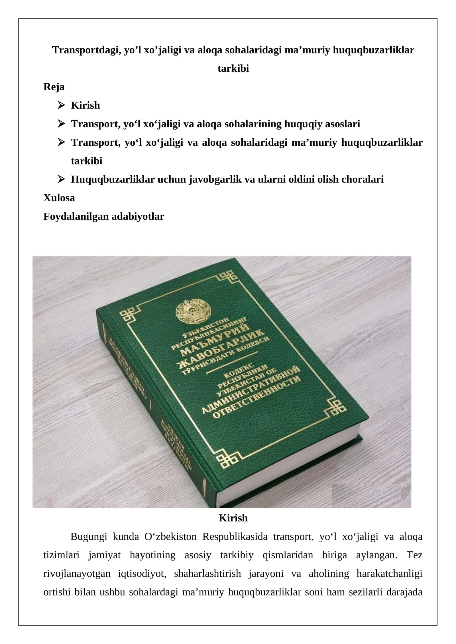 Transportdagi, yo’l xo’jaligi va aloqa sohalaridagi ma’muriy huquqbuzarliklar tarkibi 1