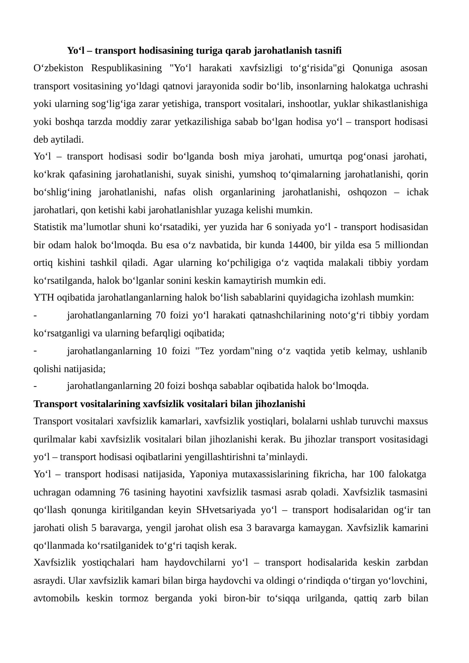 Yo‘l–transporthodisasining turiga qarab jarohatlanish tasnifi 1