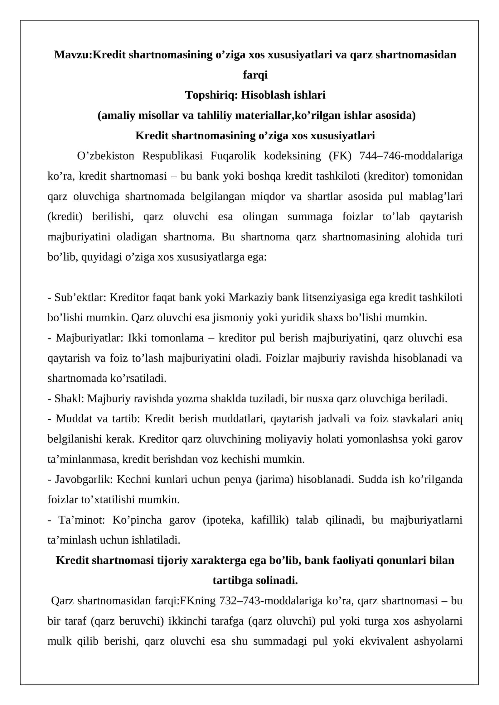 Kredit shartnomasining o’ziga xos xususiyatlari va qarz shartnomasidan farqi 1