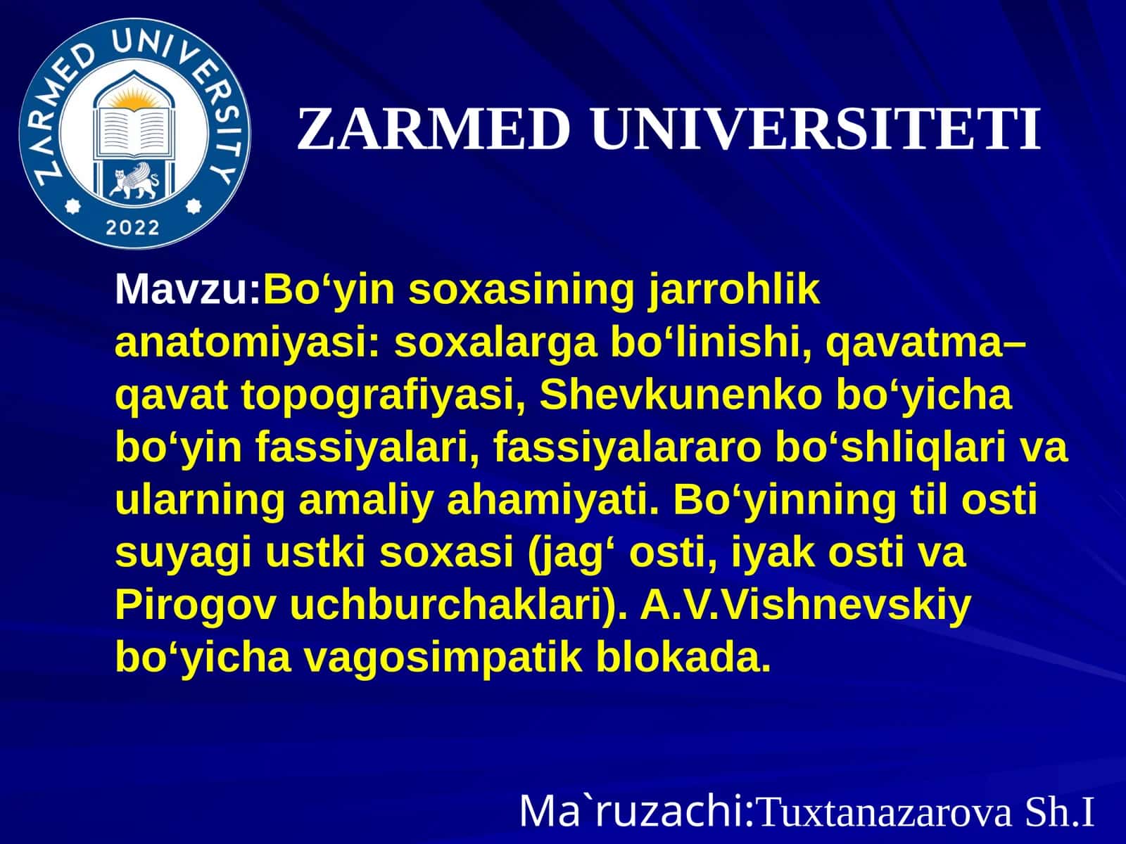 Bo‘yin soxasining jarrohlik anatomiyasi: soxalarga bo‘linishi, qavatma–qavat topografiyasi, Shevkunenko bo‘yicha bo‘yin fassiyalari, fassiyalararo bo‘shliqlari va ularning amaliy ahamiyati 1