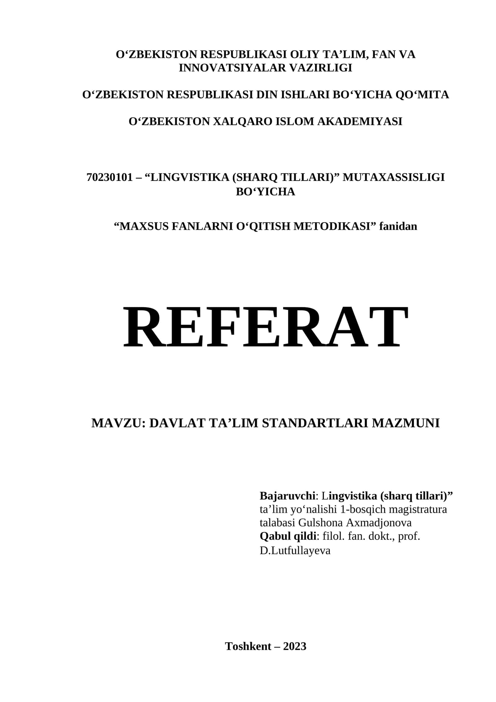REFERAT Davlat ta'lim standartlari mazmuni 1