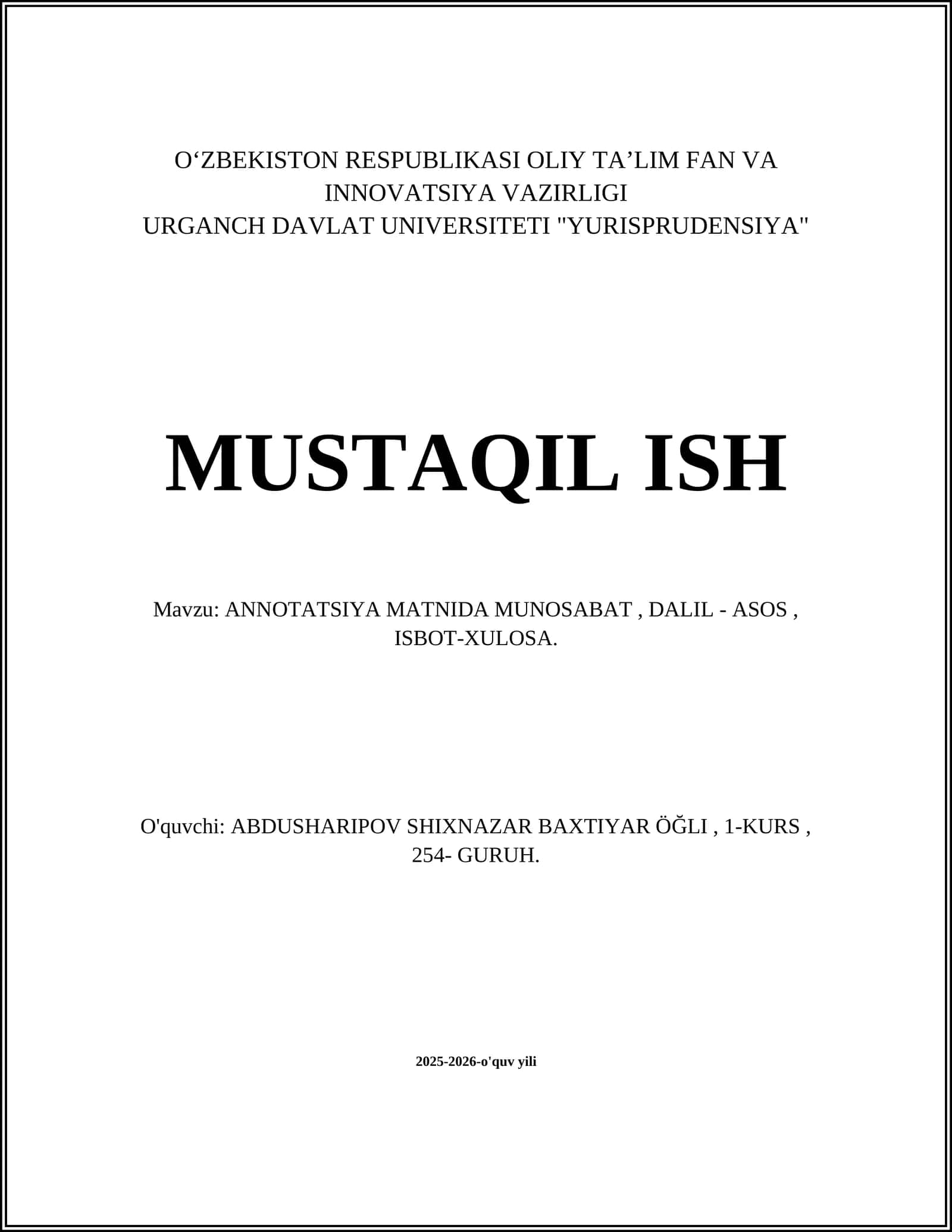 ANNOTATSIYA MATNIDA MUNOSABAT, DALIL - ASOS, ISBOT-XULOSA 1