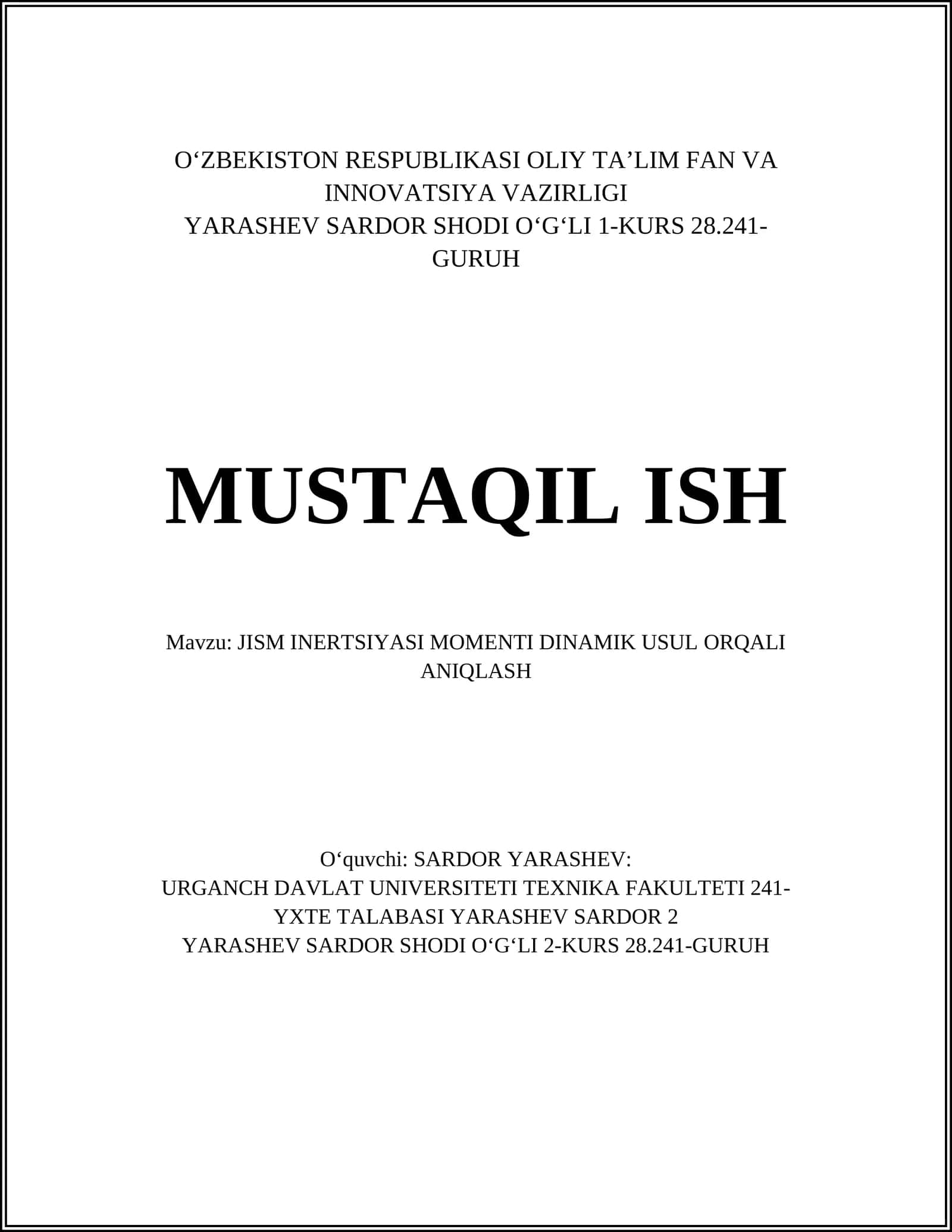 JISM INERTSIYASI MOMENTI DINAMIK USUL ORQALI ANIQLASH 1