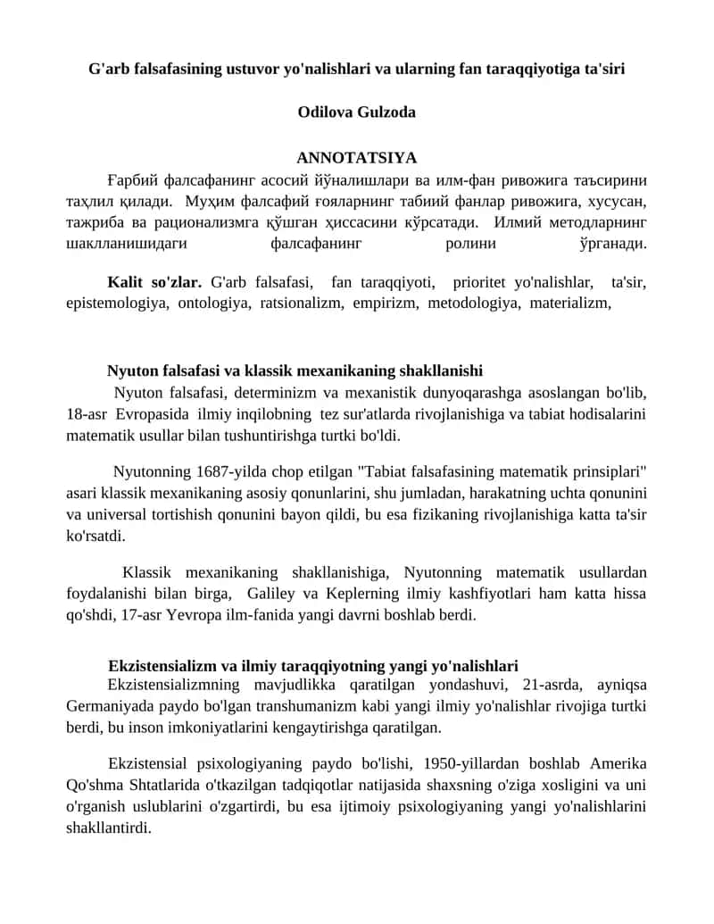 G'arb falsafasining ustuvor yo'nalishlari va ularning fan taraqqiyotiga ta'siri 1