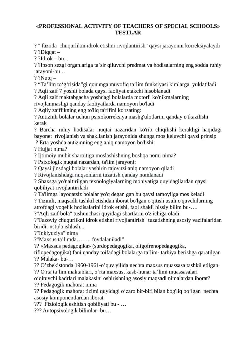 PROFESSIONAL ACTIVITY OF TEACHERS OF SPECIAL SCHOOLS" TESTLAR? 1
