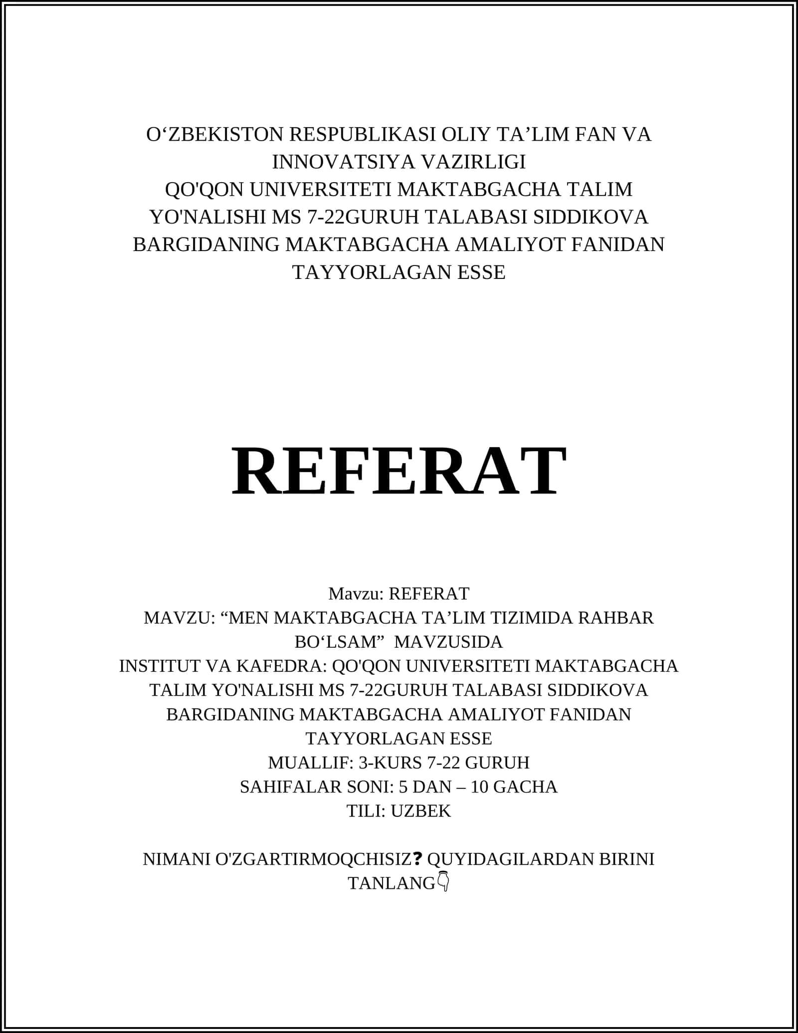 MAKTABGACHA AMALIYOT FANIDAN TAYYORLAGAN ESSE 1