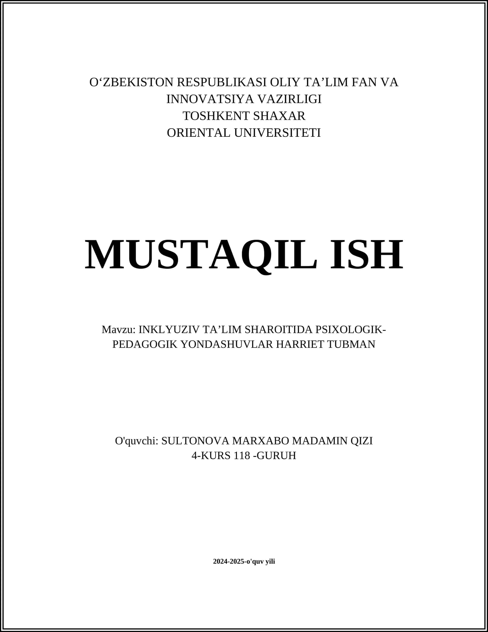 INKLYUZIV TA’LIM SHAROITIDA PSIXOLOGIK-PEDAGOGIK YONDASHUVLAR HARRIET TUBMAN 1