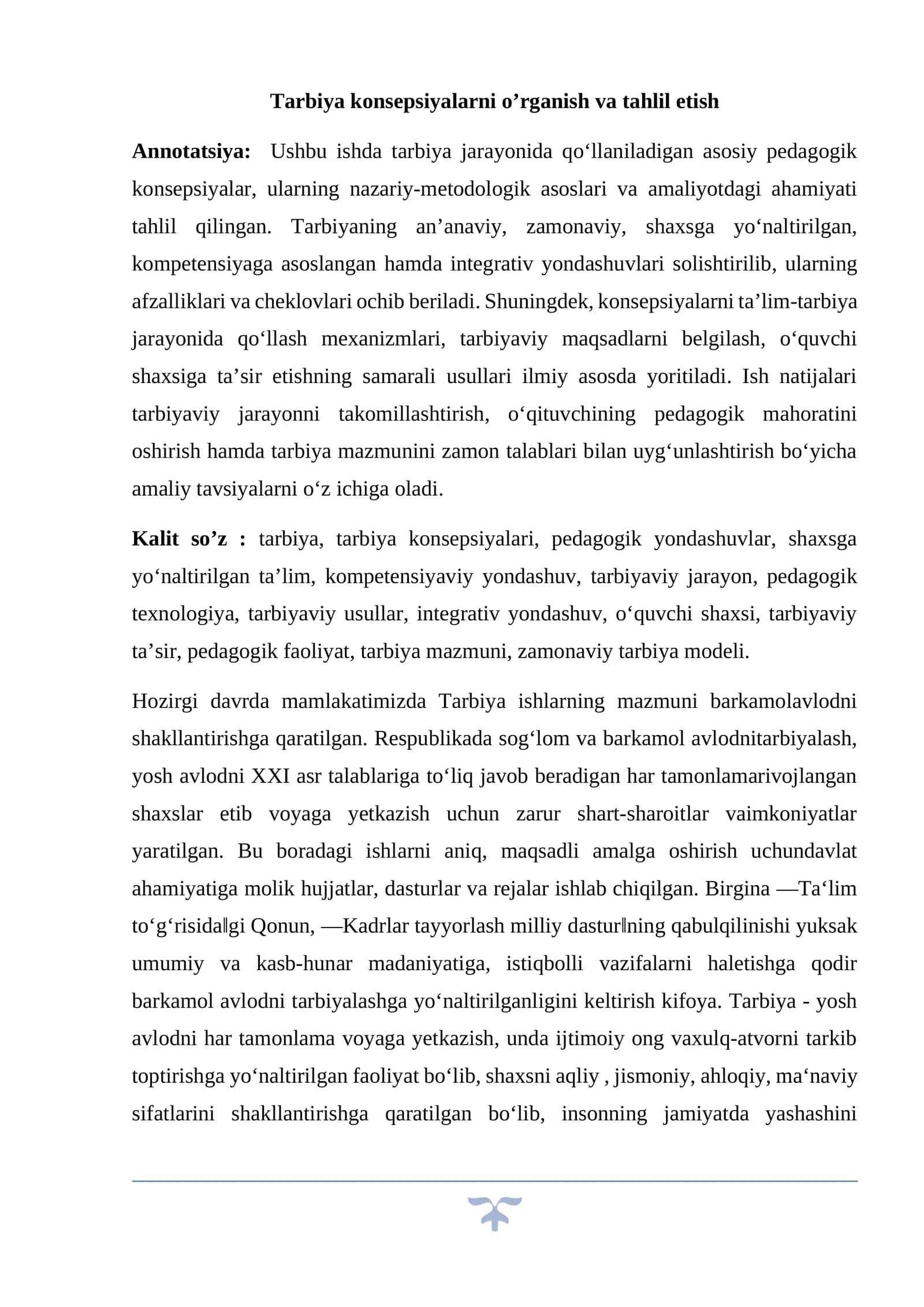 Tarbiya konsepsiyalarni o’rganish va tahlil etish 1