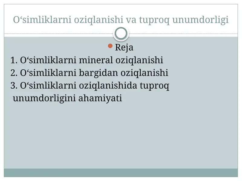 Oʻsimliklarni oziqlanishi va tuproq unumdorligi 1