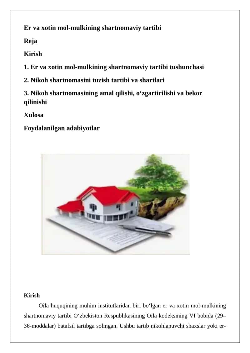 Er va xotin mol-mulkining shartnomaviy tartibi 1