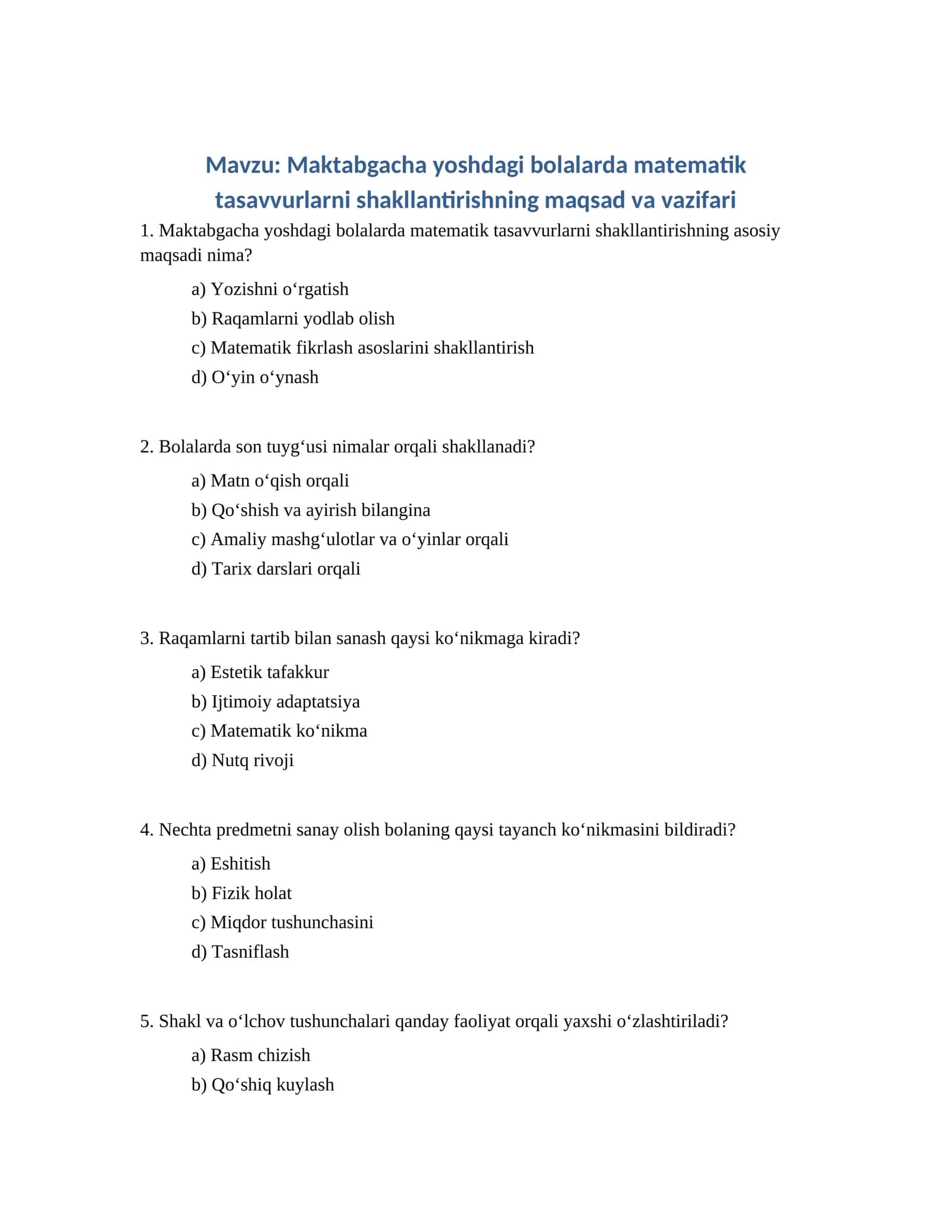 Maktabgacha yoshdagi bolalarda matematik tasavvurlarni shakllantirishning maqsad va vazifari 1