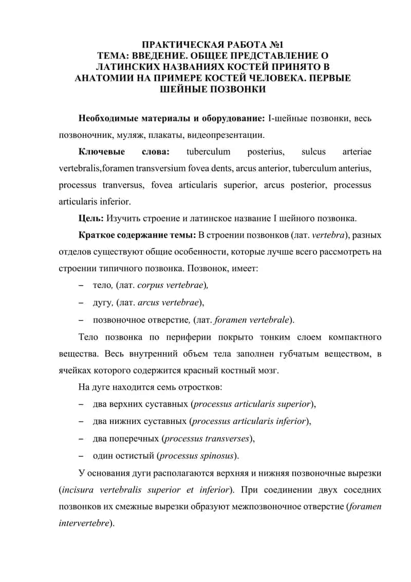 ВВЕДЕНИЕ. ОБЩЕЕ ПРЕДСТАВЛЕНИЕ О ЛАТИНСКИХ НАЗВАНИЯХ КОСТЕЙ ПРИНЯТО В АНАТОМИИ НА ПРИМЕРЕ КОСТЕЙ ЧЕЛОВЕКА. ПЕРВЫЕ ШЕЙНЫЕ ПОЗВОНКИ 1