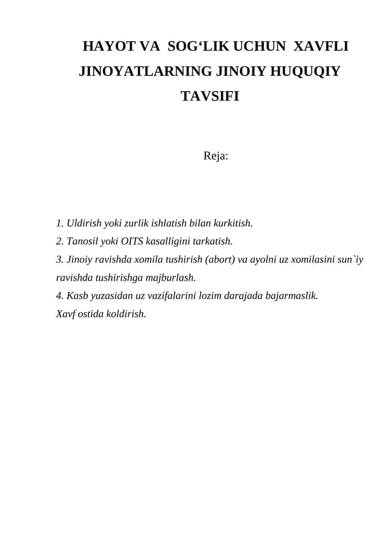 HAYOT VA SOG‘LIK UCHUN XAVFLI JINOYATLARNING JINOIY HUQUQIY TAVSIFI 1