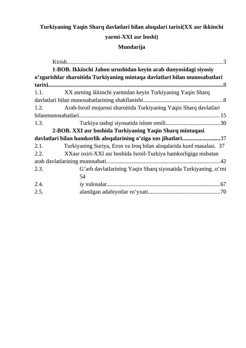 Turkiyaning Yaqin Sharq davlatlari bilan aloqalari tarixi(XX asr ikkinchi yarmi-XXI asr boshi) 1