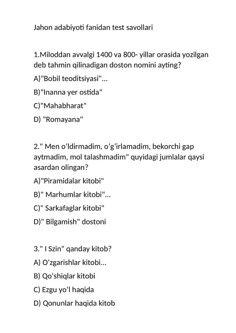 Jahon adabiyoti fanidan test savollari 1